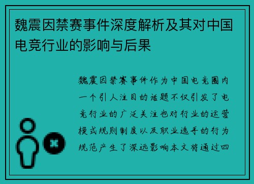 魏震因禁赛事件深度解析及其对中国电竞行业的影响与后果