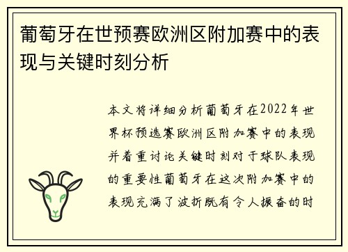 葡萄牙在世预赛欧洲区附加赛中的表现与关键时刻分析